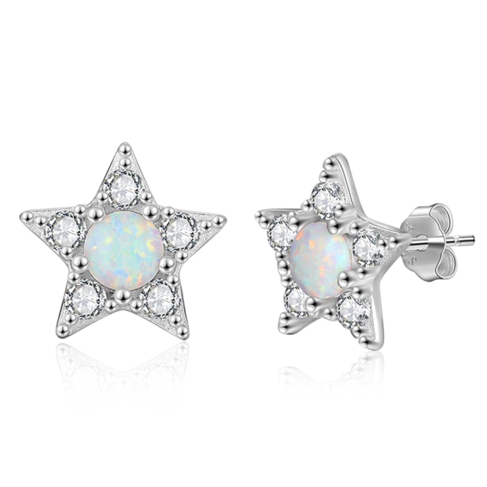 Salan Women's Silver/White 925 Sterling Star Stud Earrings For Clear Cz Cubic Zirconia Opal Earrings Fine Jewelry