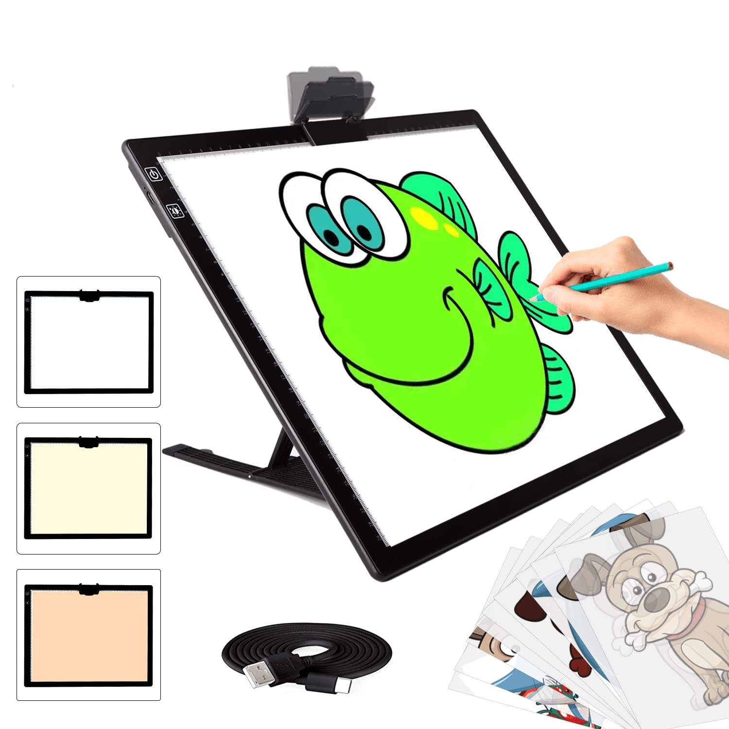 YINGWOND Wireless Rechargeable A3 LED Light Pad w/Built-in Foldable Stand, 3 Color Tone, 6 Levels of Brightness, Battery Powered Evenly Illuminated Light Box for Tracing Drawing and Diamond Painting