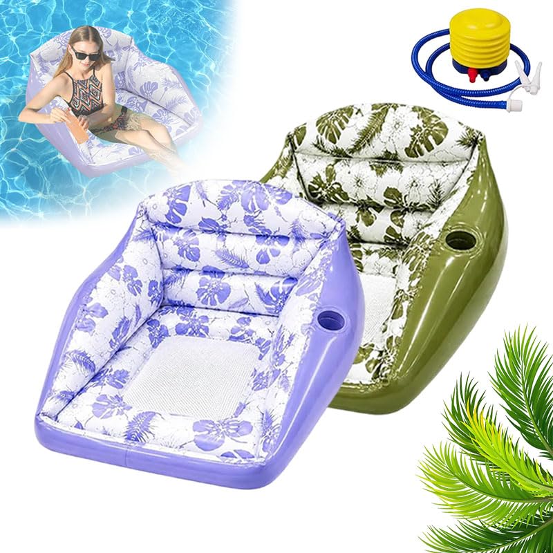 3-in-1 Inflatable Pool Lounge Chair, 2026 Upgreted Adult Large Inflatable Water Sofa, Tropical Style Float Chair with Cup Holder and Pump, Pool Float Recliner for Summer Parties Vacation (2Pcs-C)