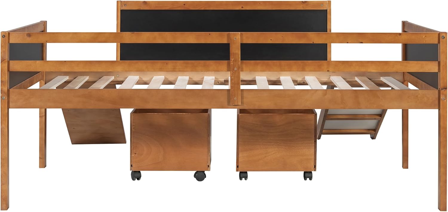 Merax Twin Size Loft Bed with 2 Storage Boxes, Natural Wooden Low Loft Bed Frame with Under Storage, Slide and Double-Sided Chalkboard