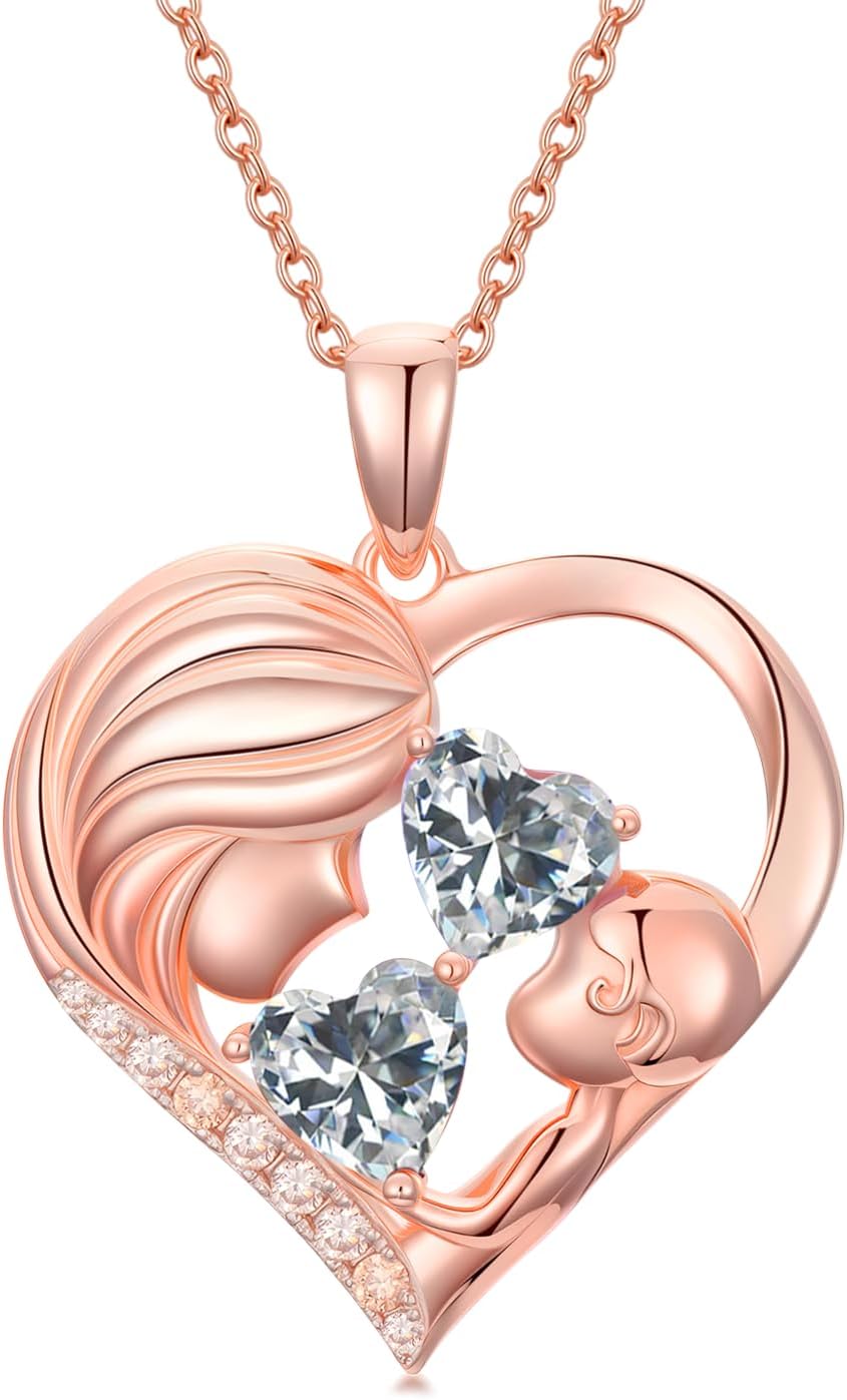 Mother Daughter Birthday Gifts for Her Women Rose Gold Plated Mom Heart Pendant with 12 Months Birthstone Necklace, Christmas Gifts for Mom Daughter, Birthday Mothers Day Gifts Anniversarry Jewelry for Wife Girlfriend Sister