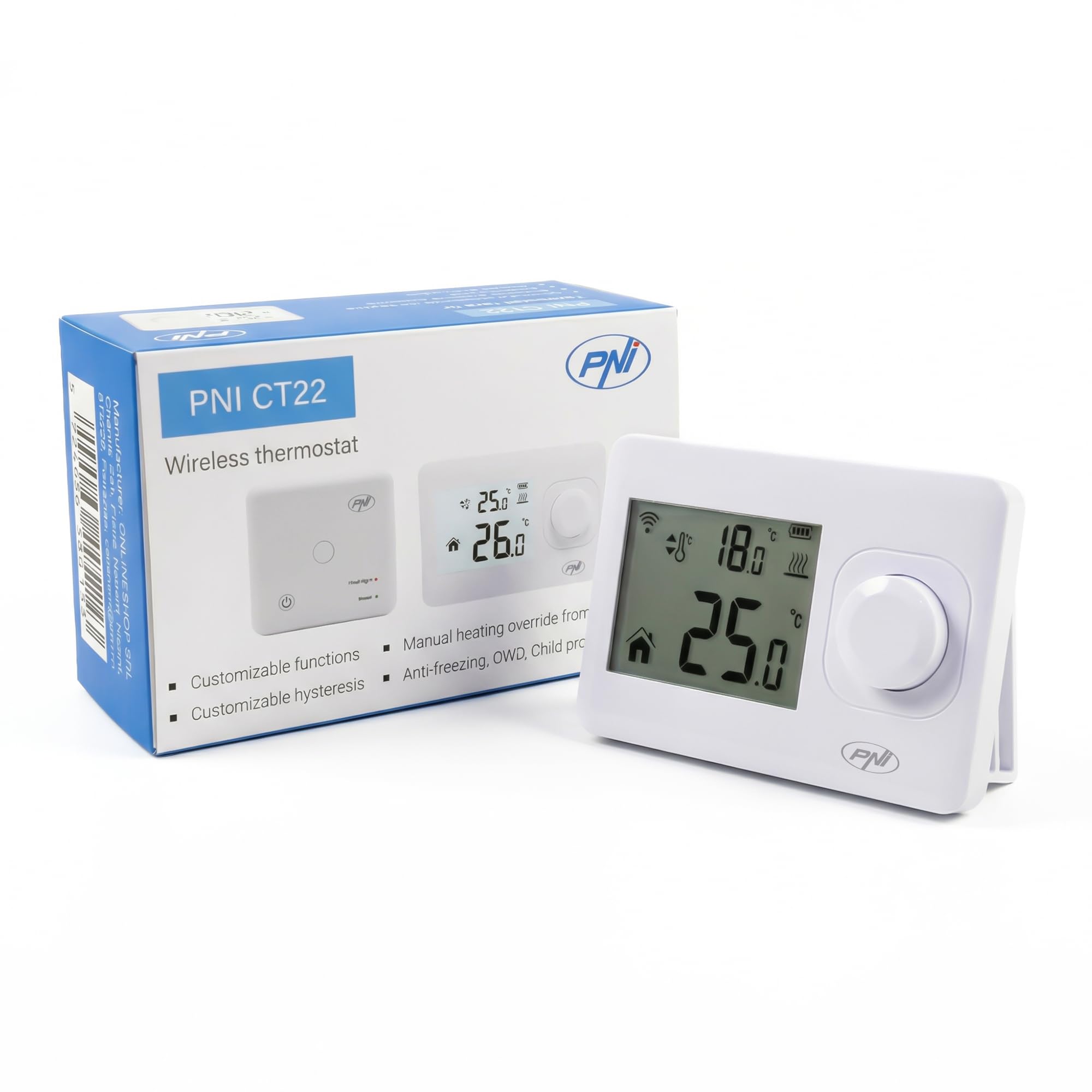 PNI Termostato wireless CT22 per impianti di riscaldamento, 0,2 °C, isteresi, display retroilluminato.