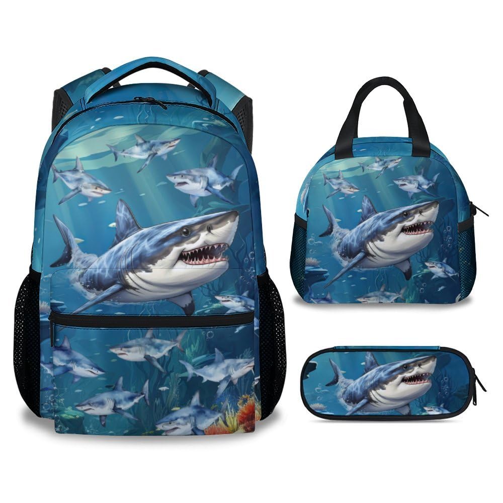 NICEFORNICE Shark Backpack with Lunch Box for Kids, 3Pcs Animal School Backpacks Matching Combo for Boys, Aesthetic Blue Bookbag and Pencil Case