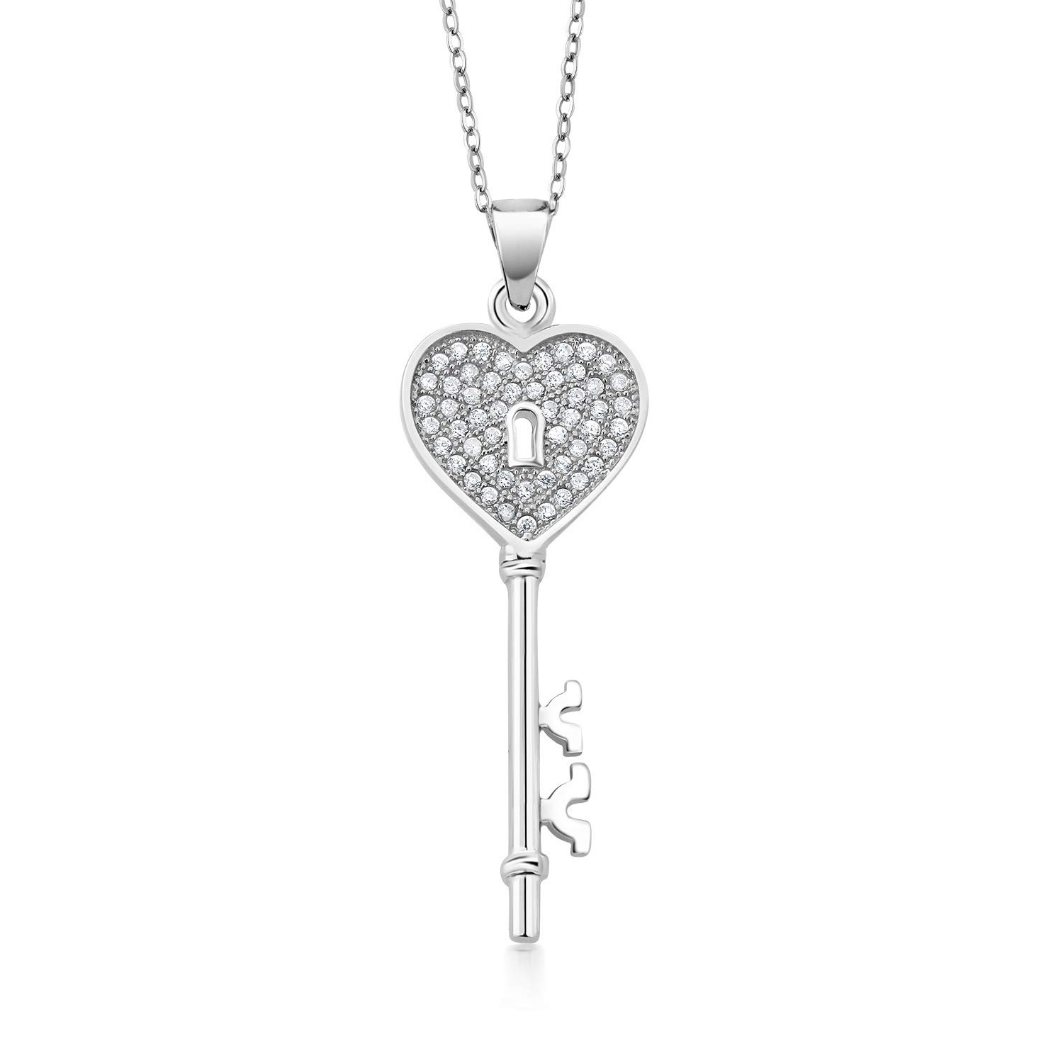 Gem Stone King925 Sterling Silver Cubic Zirconia CZ Heart Shape Key Pendant Necklace For Women (1.50 Inch, with 18 Inch Silver Chain)