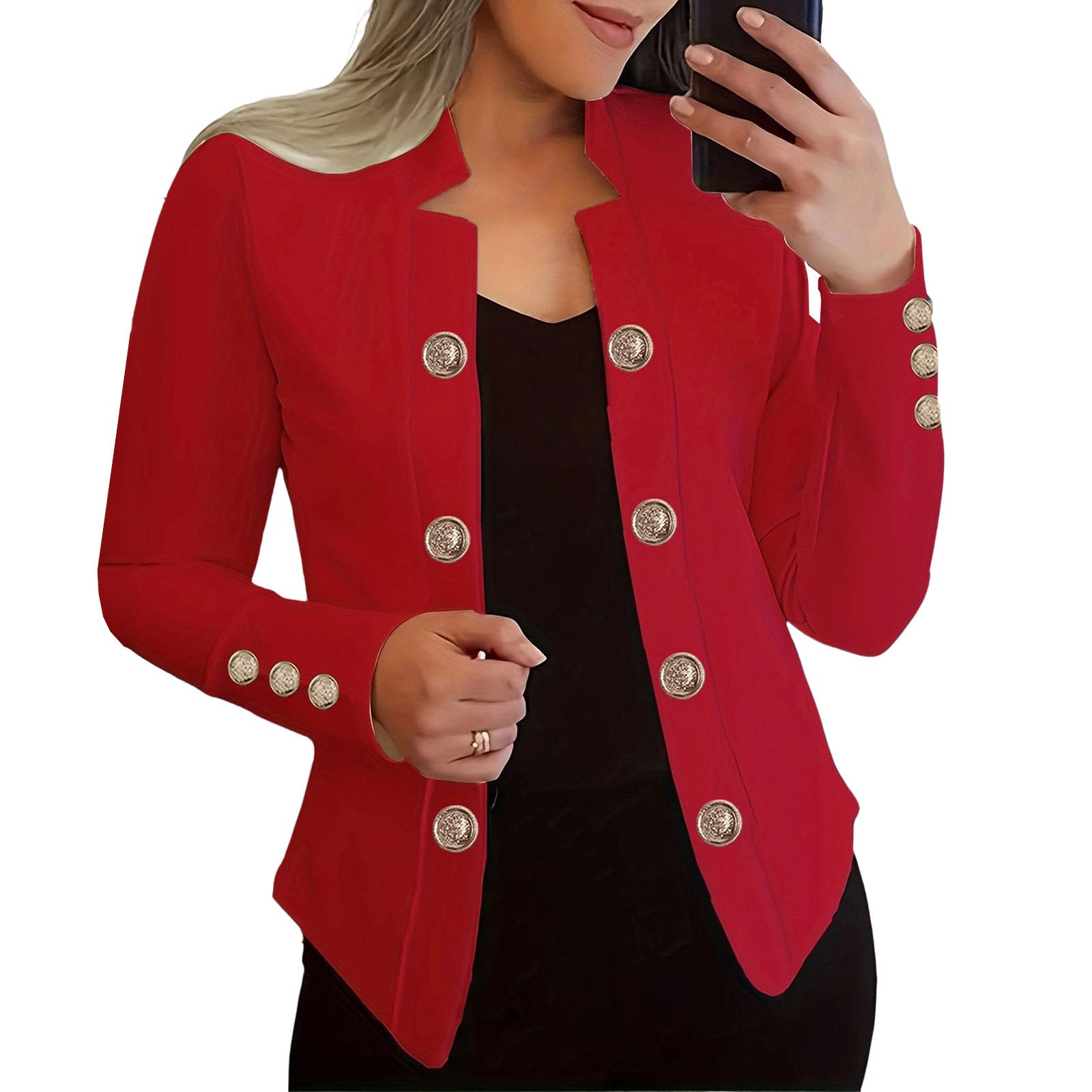 Womens Slim Fit Double Breasted Blazer Gold Button Office Coat Casual Open Front Suit Jacket for Work