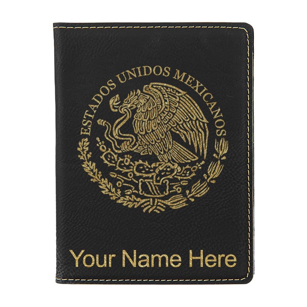 LaserGram Faux Leather Passport Holder, Flag of Mexico, Personalized Engraving Included (Black with Gold)
