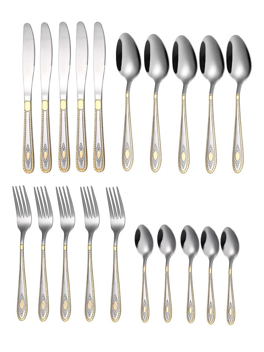 ANH MART Mirror Finish Silver Gold Plated Stainless Steel Flatware Set Copper Silverware Set Rose Gold Spoon Color Cutlery Set [Dinner Fork-Tea Spoon-Salad Spoon-Knife] Set of (Silver Gold, 20)