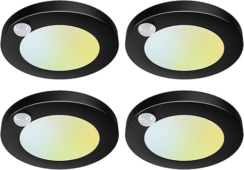 JULLISON Luz de techo LED negra con sensor de movimiento 5CCT seleccionable en campo de 4 pulgadas, luz de armario con cable de 120 V, 10 vatios,