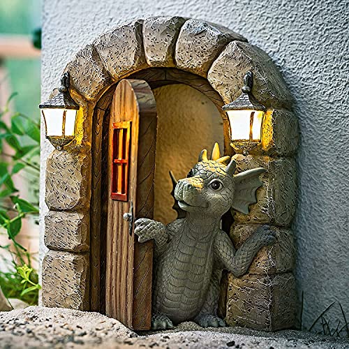 Courtyard Dragon Sculpture Ornaments, Resin Garden Dragon Statue With Solar Led Lights - Dragon Meditating In Front Of The Window Garden Crafts Ornaments, Art Figurine Wall Decoration (A+B) #TOP3