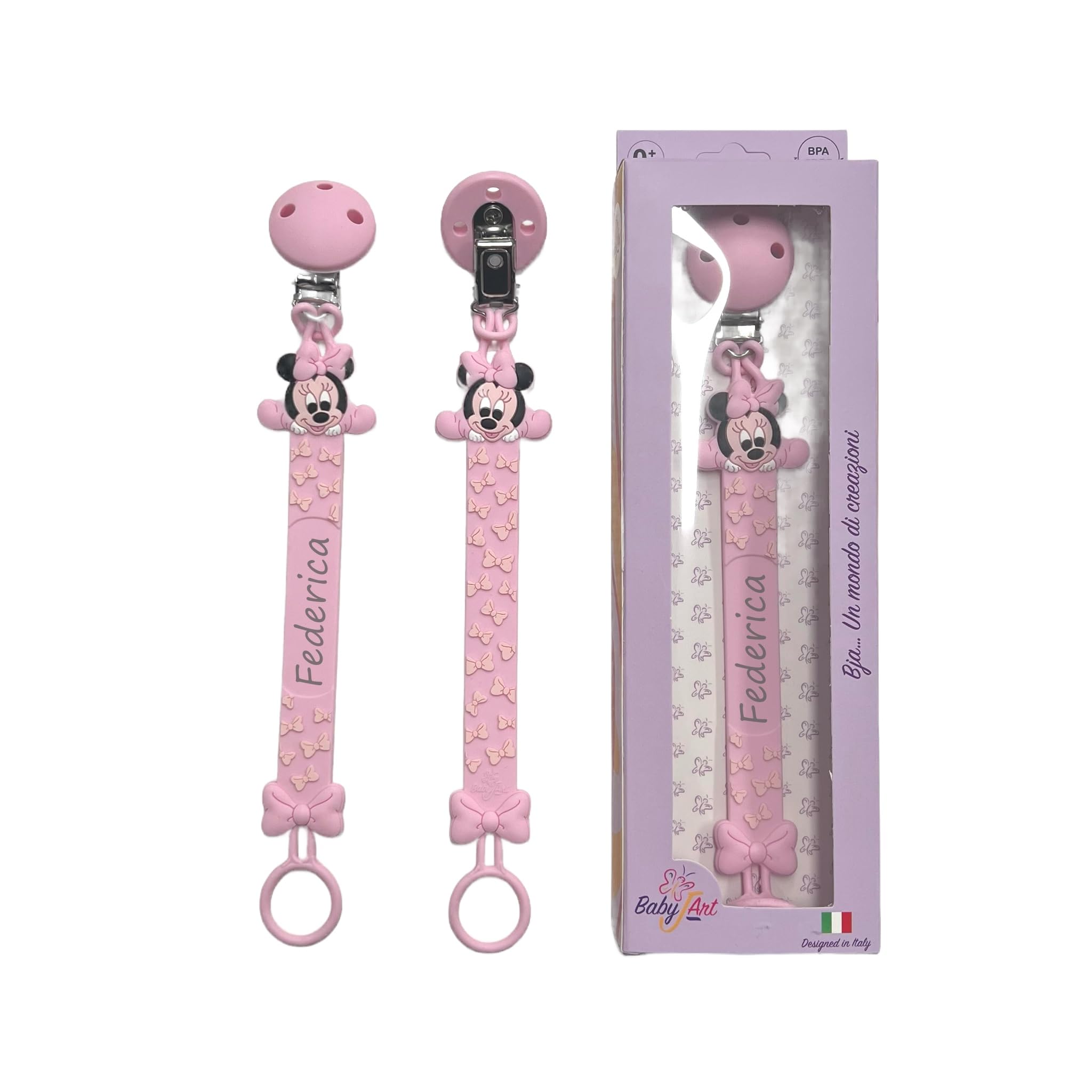 NOVITÁ Fettuccia IN SILICONE, Catenella portaciuccio personalizzata con nome FLAT BABYJART, lavabile, sicura per il bambino, compatibile con ciuccio MAM e CHICCO! (Minnie Rosa Pastello)