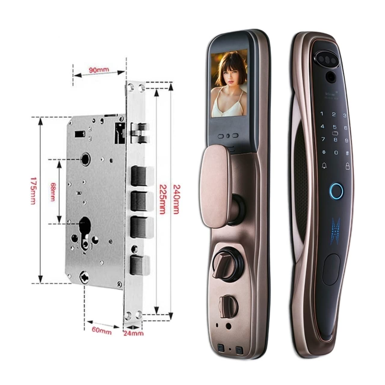 Inteligentny zamek do drzwi, Tuya Smart 3D Face Blokada drzwi Security Face Camera Monitor Inteligentne hasło linii papilarnych Biometryczny klucz elektroniczny Odblokuj(Gold-24-240-6068)