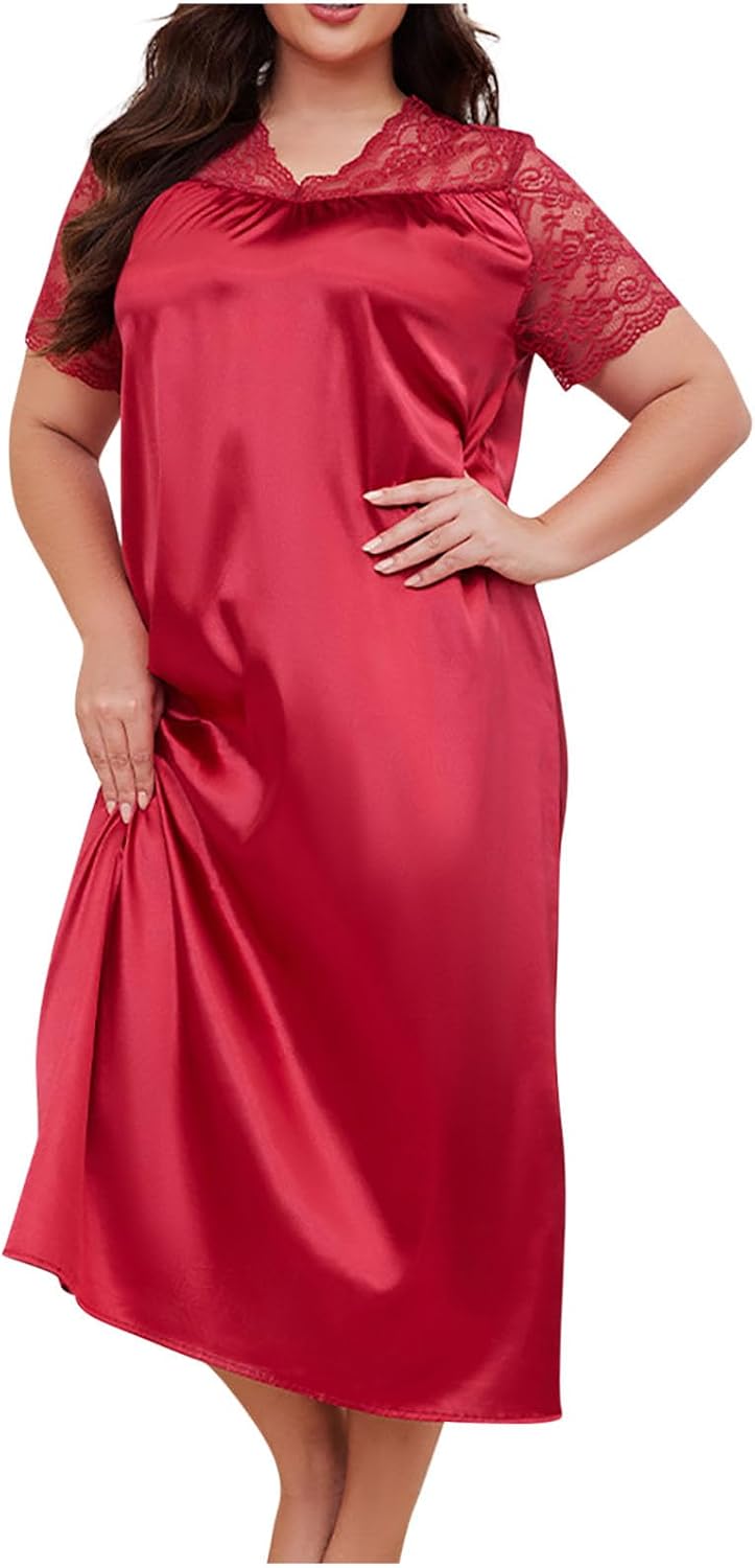 Plus Size Silk Sleep Shirts for Women Satin Nightshirt Tshirt Nightgown Lace Sleepwear Shirt Dress Summer Outfits