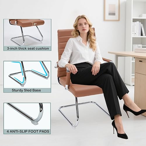 Miniatura 5 de Juego de 2 sillas de oficina para invitados, base de trineo, sin ruedas, sillas de recepción de cuero modernas con respaldo medio, sillas de sala de