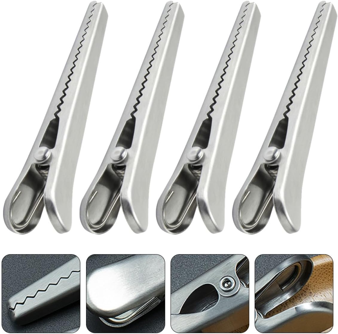 Housoutil 4pcs Stainless Steel Food Bag Sealing Clips Large Size Sturdy Snack Bag Clamp for Kitchen Food Freshness Preservation
