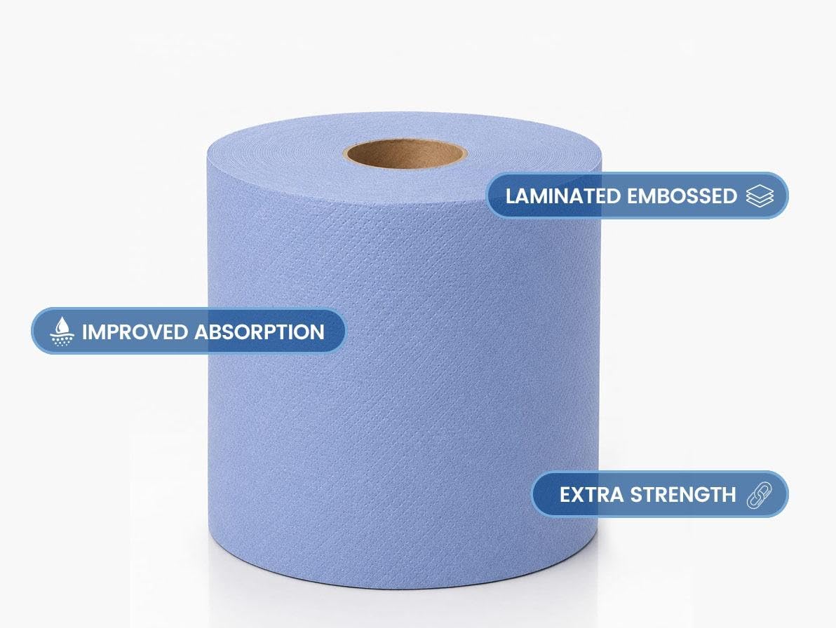 Blue Roll - Toallas de papel de alimentación central de 2 capas, papel de seda, toallitas de limpieza fuertes y absorbentes para restaurante, hogar, cocina, baño, taller, uso industrial