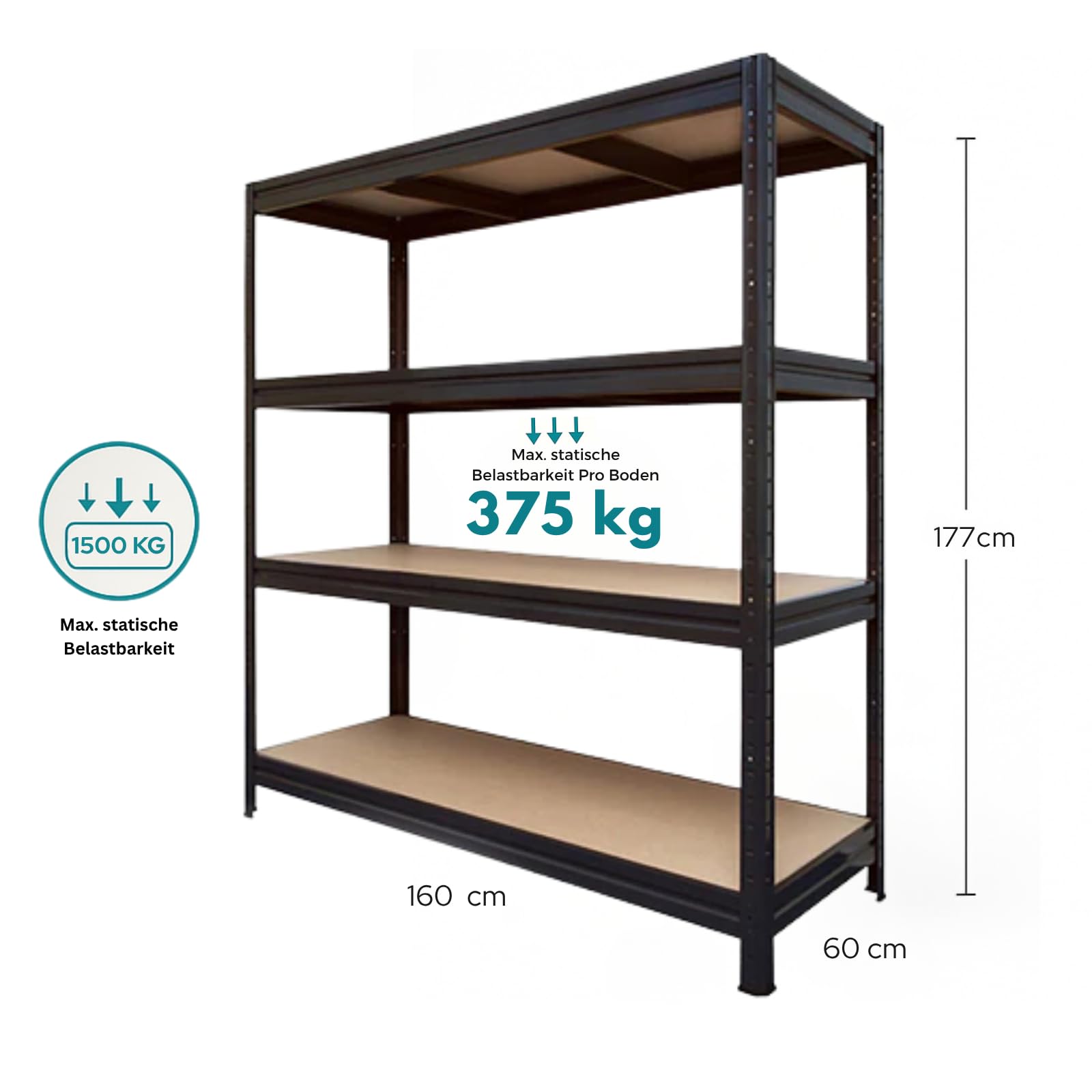 OfficeMarshal Estantería para cargas pesadas extra ancha – XL Ancho 160 cm – Estantería de metal con 1500 kg de carga total – Estantería sin ranuras para garaje, sótano, taller – 2 anchos y 3 colores