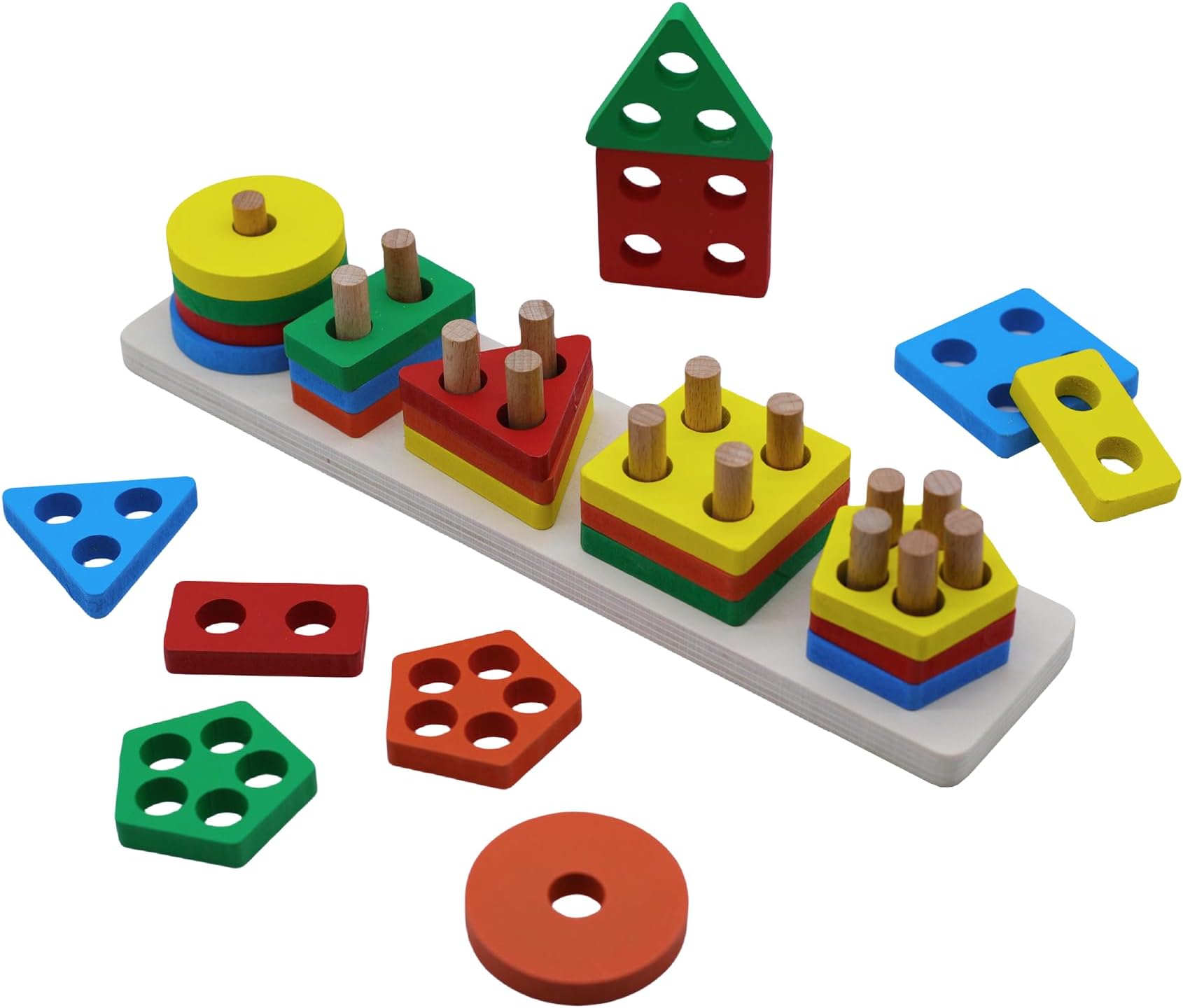 Wooden Shape Sorter Puzzle Toy Stacking Blocks Stacker Toy Geometric Sorting Board Educational Toys for Kids Toddler 1 2 3 4 5 Years Old Boys Girls