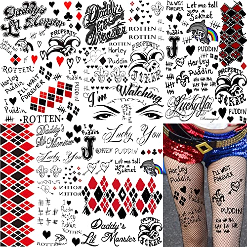 VANTATY 5 Sheets 3D Halloween Temporary Tattoos For Women Girls Adults HQ Fake Tattoo Stickers Halloowen Costume Makeup Kit Gothic Damaged Joker Tattoo Halloween Face Decals Prison Prisoner Inmate