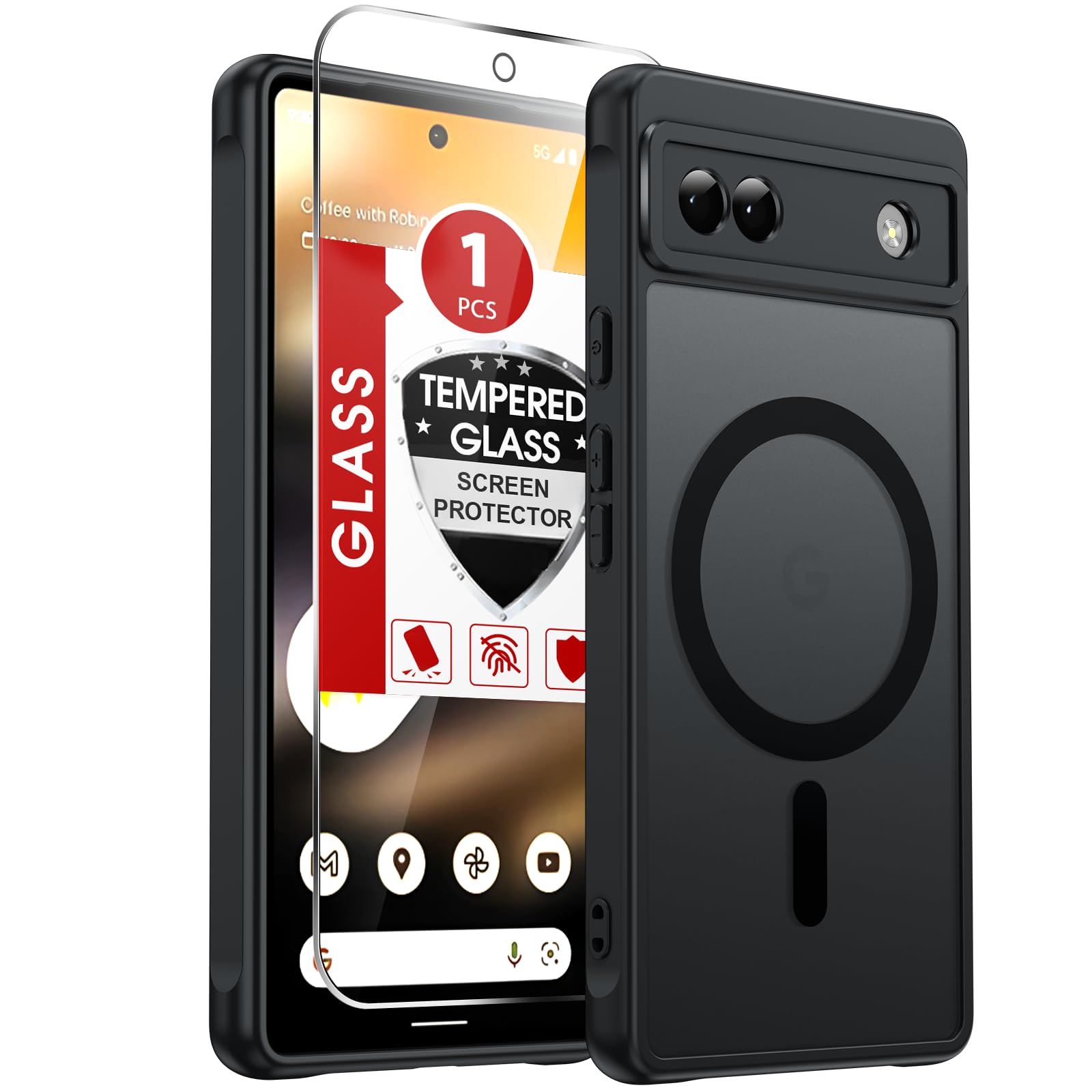 LeYi for Pixel-6A Case [MagSafe Fit] Frosted Translucent Magnetic, Black | Google Pixel 6A Phone Case with Pixel 6A Screen Protector, Slim Military-Grade Funda para Pixel 6 A Celulares Unlocked Mobile Global Recycled Standard Global Recycled Standard Global Recycled Standard