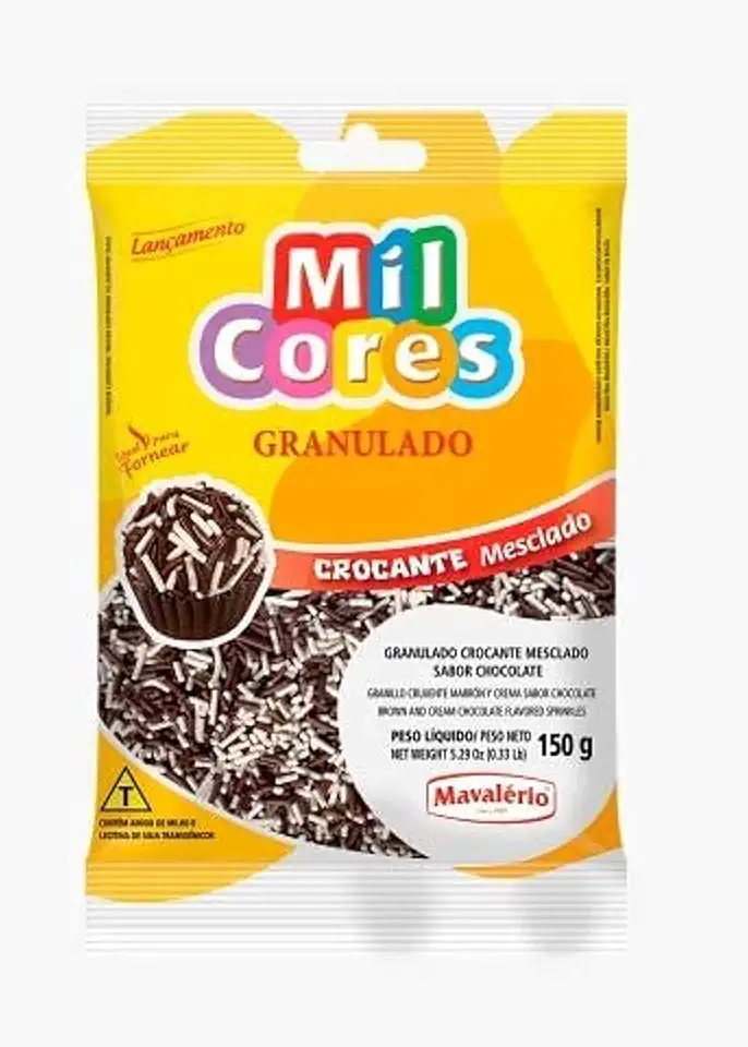 Confeito Granulado Crocoante Mesclado Sabor Chocolate Mil Cores, 120g, Mavalério, Ideal para Decorar Sua Receita.