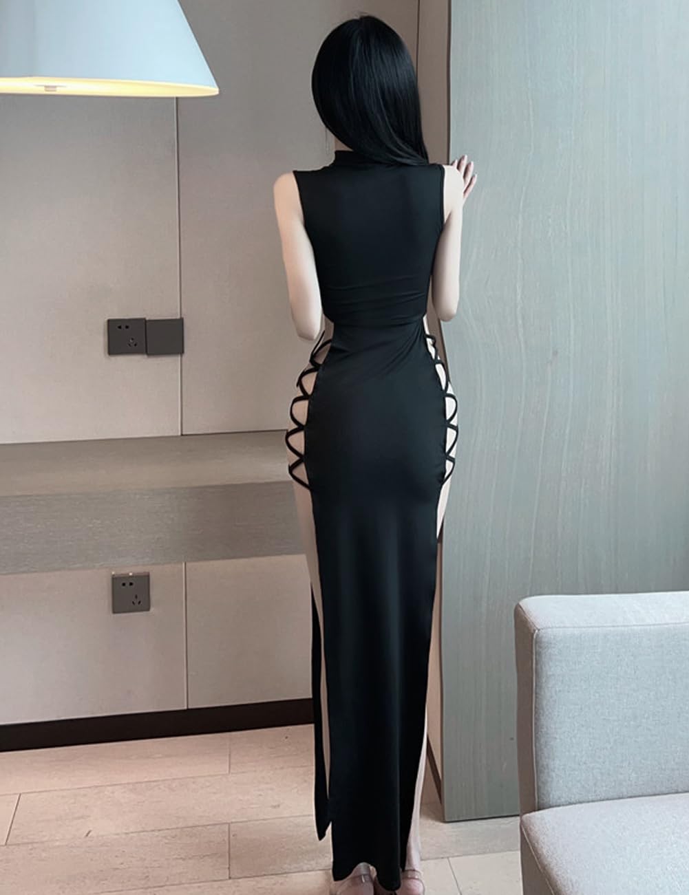 Y2K Robe moulante noire à lacets avec fente haute pour femme