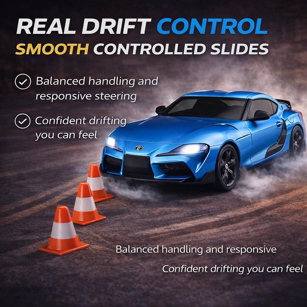 IntelLock 1:24 RTR RC Drift Car with Scratch-Free Drift Tires, 4WD High-Speed JDM, 2 Rechargeable Batteries, LED Lights, 2.4GHz Remote Control Car for Kids & Adults, Indoor/Outdoor (Blue 2)