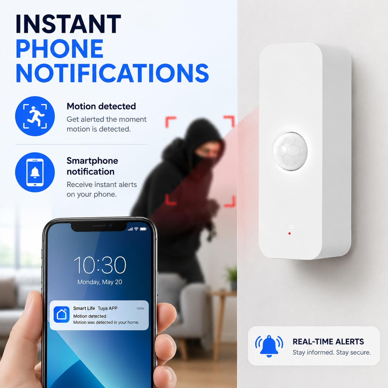 WiFi Bewegungssensor, Smart Bewegungsmelder Tuya PIR für die Heimsicherheit, drahtloser Bewegungssensor mit Fernüberwachungs App, Sprachbefehl kompatibel mit Alexa (4 Pack)