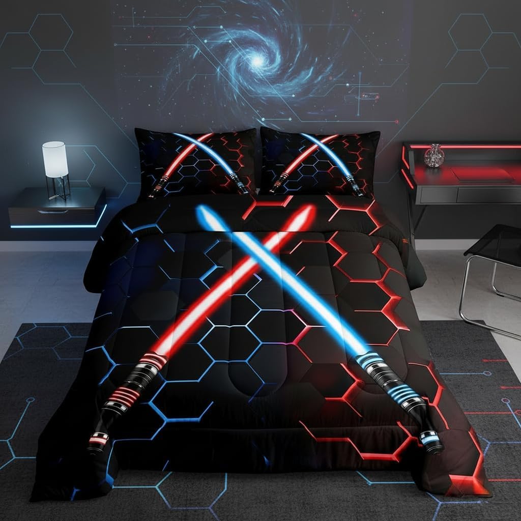 Neon Red Blue Lightsaber Comforter Set King Size Geometric Honeycomb Bedding Set 3Pcs for Kids Girls Boys Teens Room Decor Fashion Games Quilt Set Black 3D Hexagon Duvet Insert,2 Pillowcases