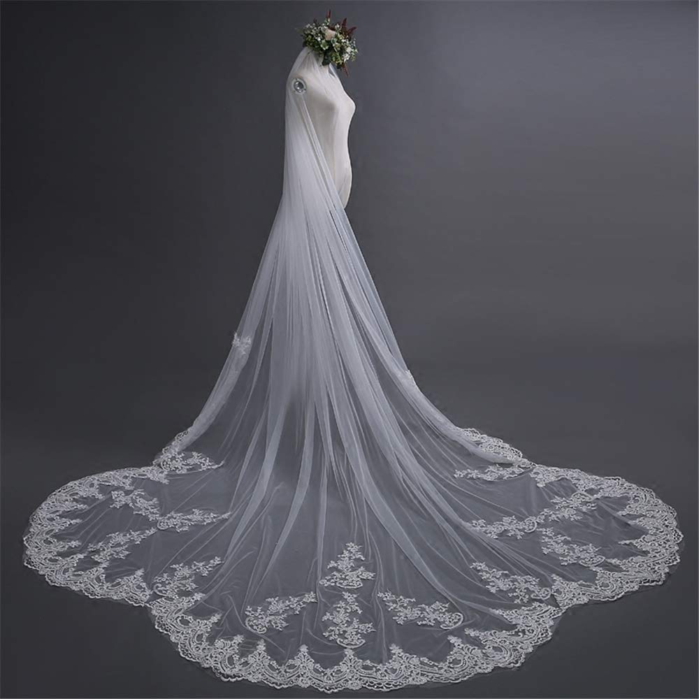Velo de boda de 2 animales, velo de novia, hecho a mano, encaje floral, borde de corte elegante, largo catedral, tul suave simple con peine, 4 m