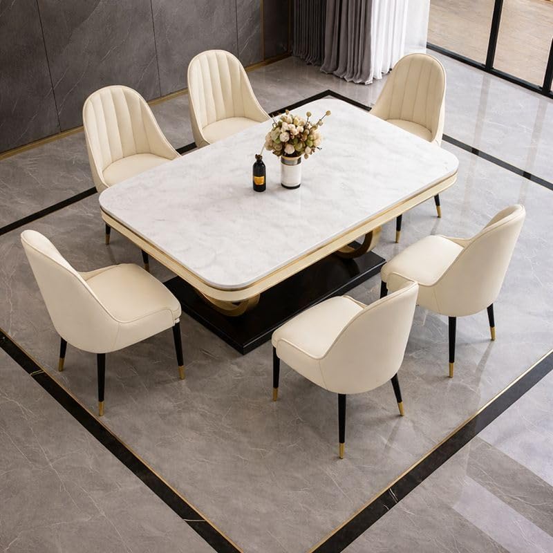 Image of 6-Seater Dining Table with Nano Composite Marble Top and PVC Golden Wooden Base |2yr Warranty - Includes 6 Fabric Upholstered Chairs (Cream, White Marble Top)