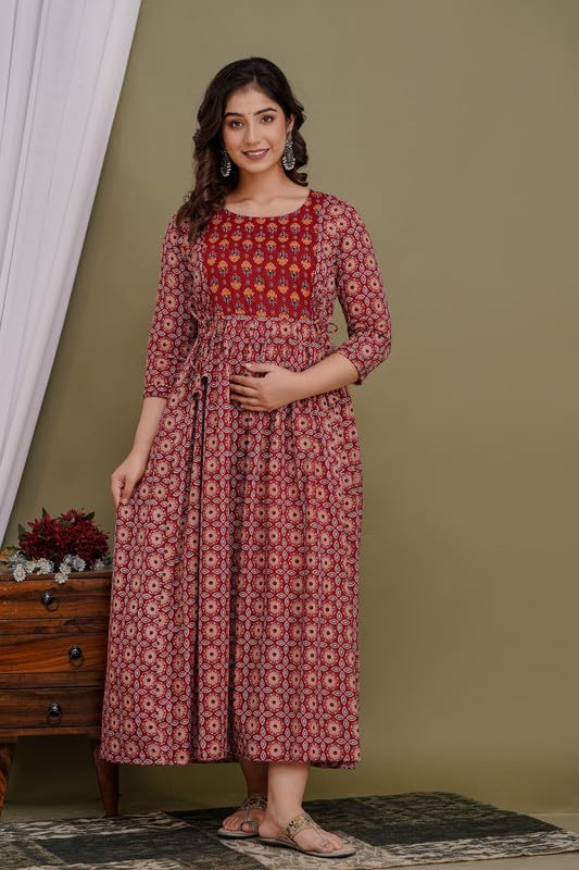Image of Women's Pure Cotton Printed Maternity Gown /Maternity wear /Feeding Gown A-line Maternity Feeding Dress Maternity Kurti Gown for Women
