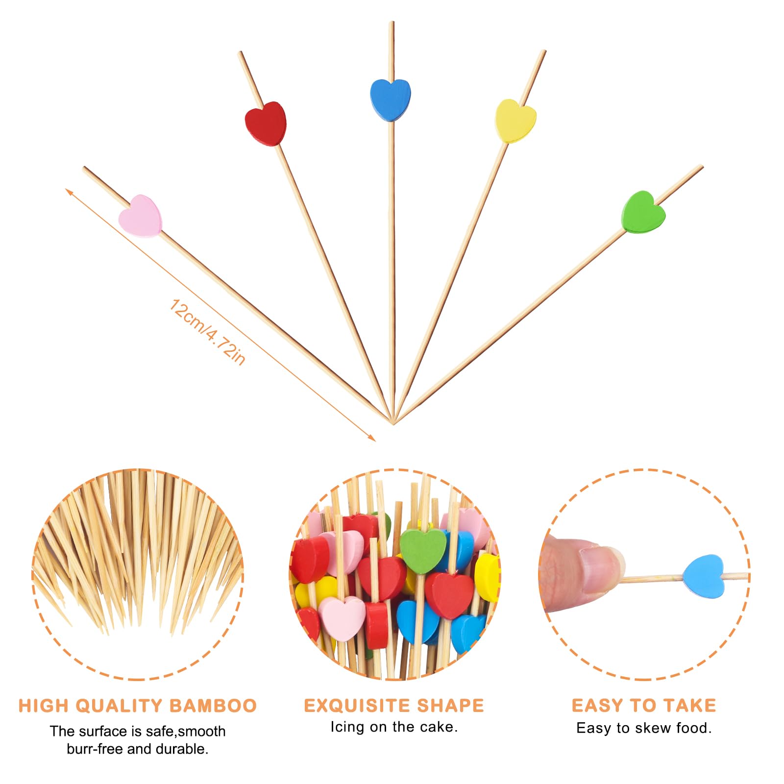 100 Bastoncini Da Cocktail In Bambù Con Cuori Colorati, Lunghezza 11 Cm, Per Antipasti, Frutta, Dessert E Decorazioni Per Feste, Biodegradabili