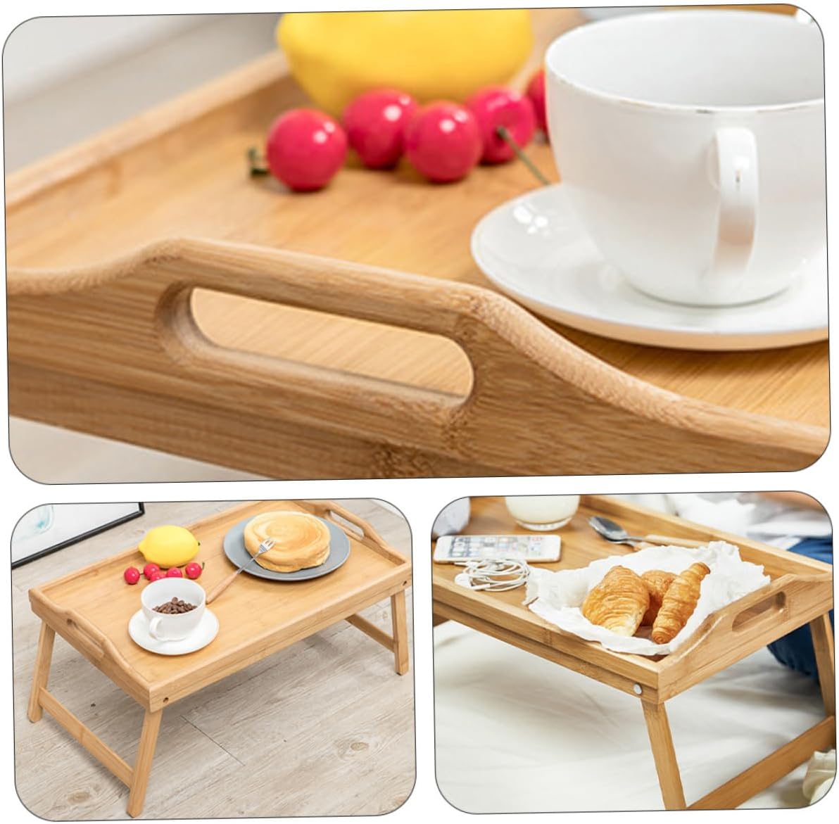 PRETYZOOM Elegant Bamboo Bed Tray Laptop Holder for Bed Folding Serving Tray Handles
