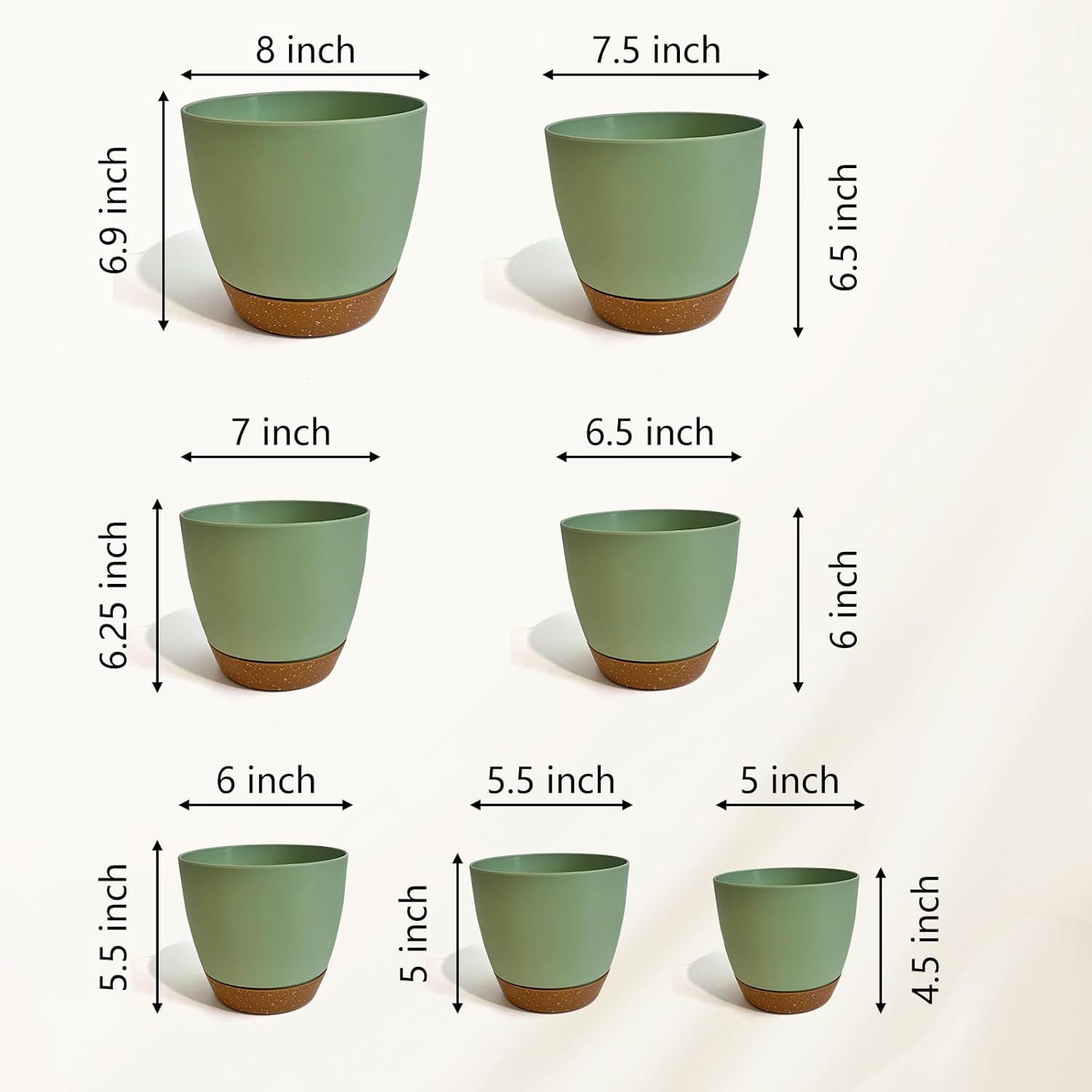 LIFFY Plant Pots, 8,7.5,7,6.5,6,5.5,5 Inch Plastic Self Watering Planters with Drainage Holes & Saucers, 7-Pack Green Nursery Planting Pot with Deep Reservoir for Indoor Outdoor Plants