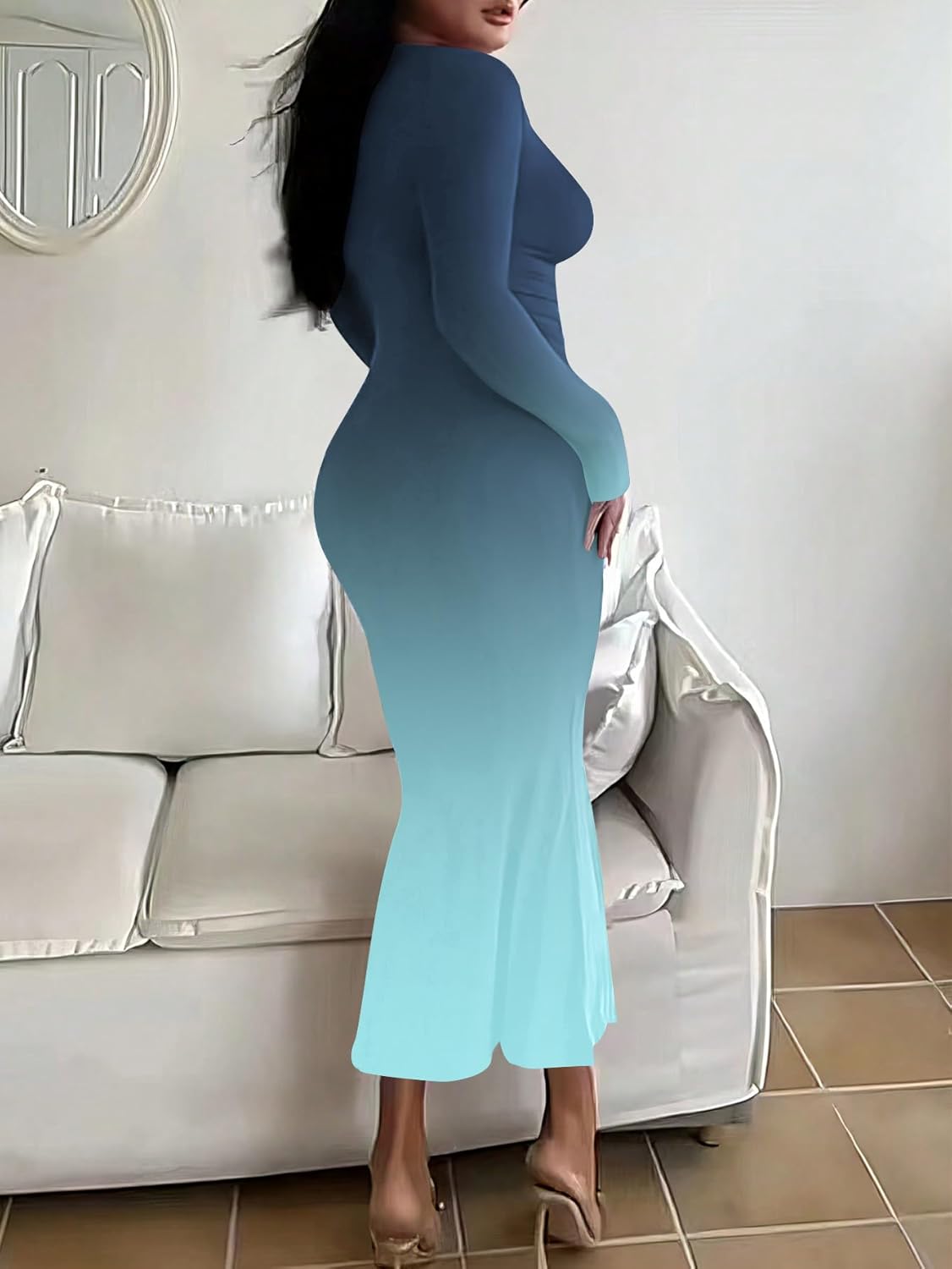 HBQ Women's Bodycon Maxi Dress Long Sleeve Square Neck Lounge Dresses Sexy Night Out Party Dress - Image 5