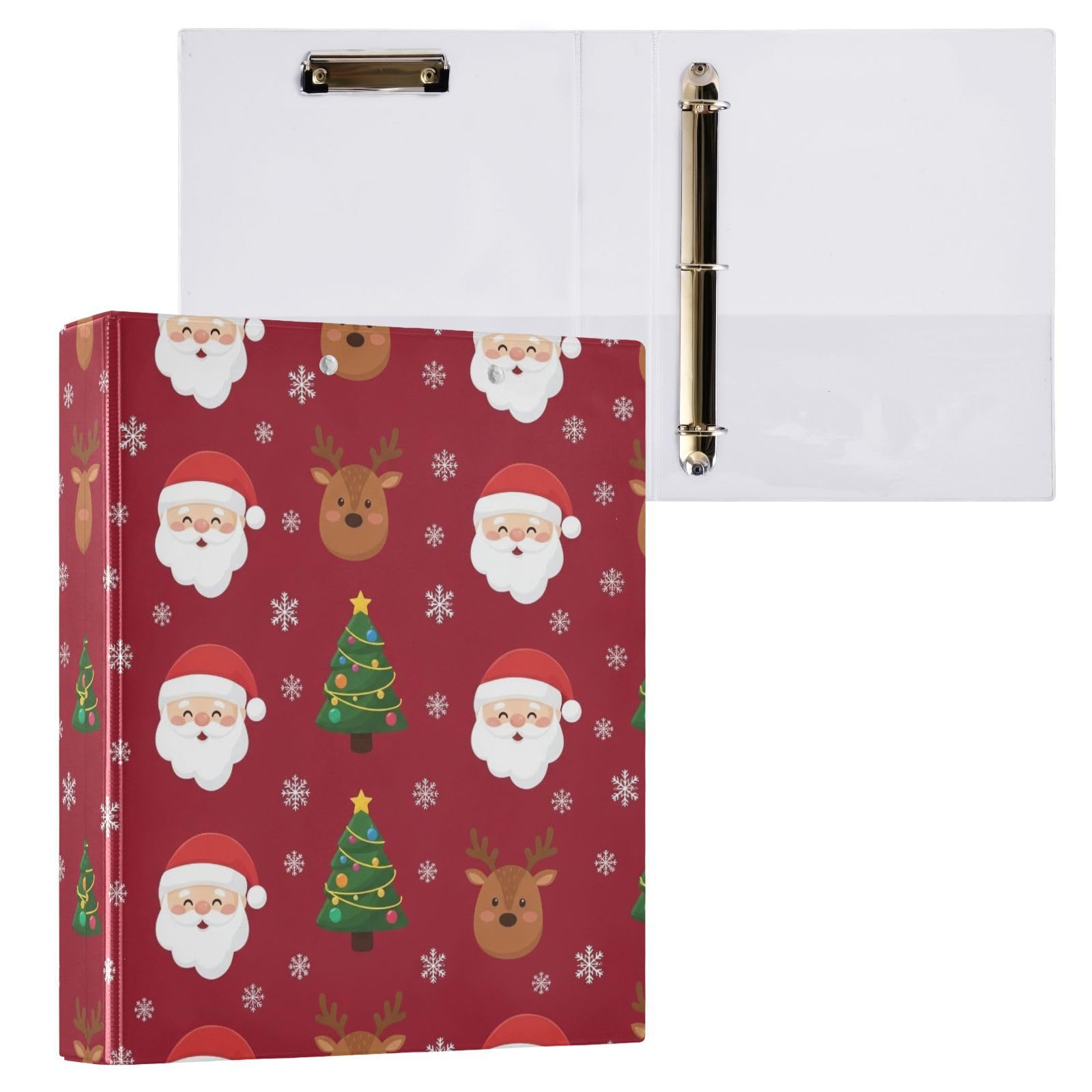 Confezione da 2 raccoglitori ad anelli con 3 anelli, motivo Babbo Natale, renna, con tasche, grandi, per scuola, università, ufficio