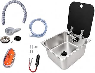 Kit fregadero caravana 32x35 con tapa + grifo Comet London 12V con interruptor + bomba 10 L/min + sumidero 90° + mangueras y toma 12V para furgoneta, caravana y autocaravana
