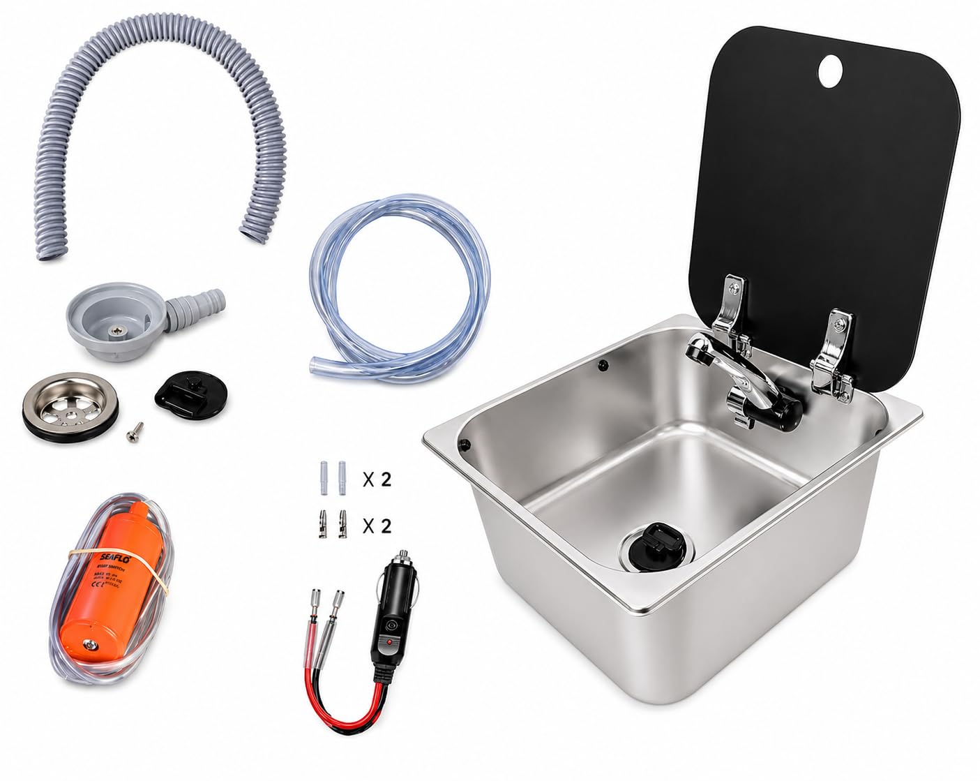 Kit fregadero caravana 32x35 con tapa + grifo Comet London 12V con interruptor + bomba 10 L/min + sumidero 90° + mangueras y toma 12V para furgoneta, caravana y autocaravana