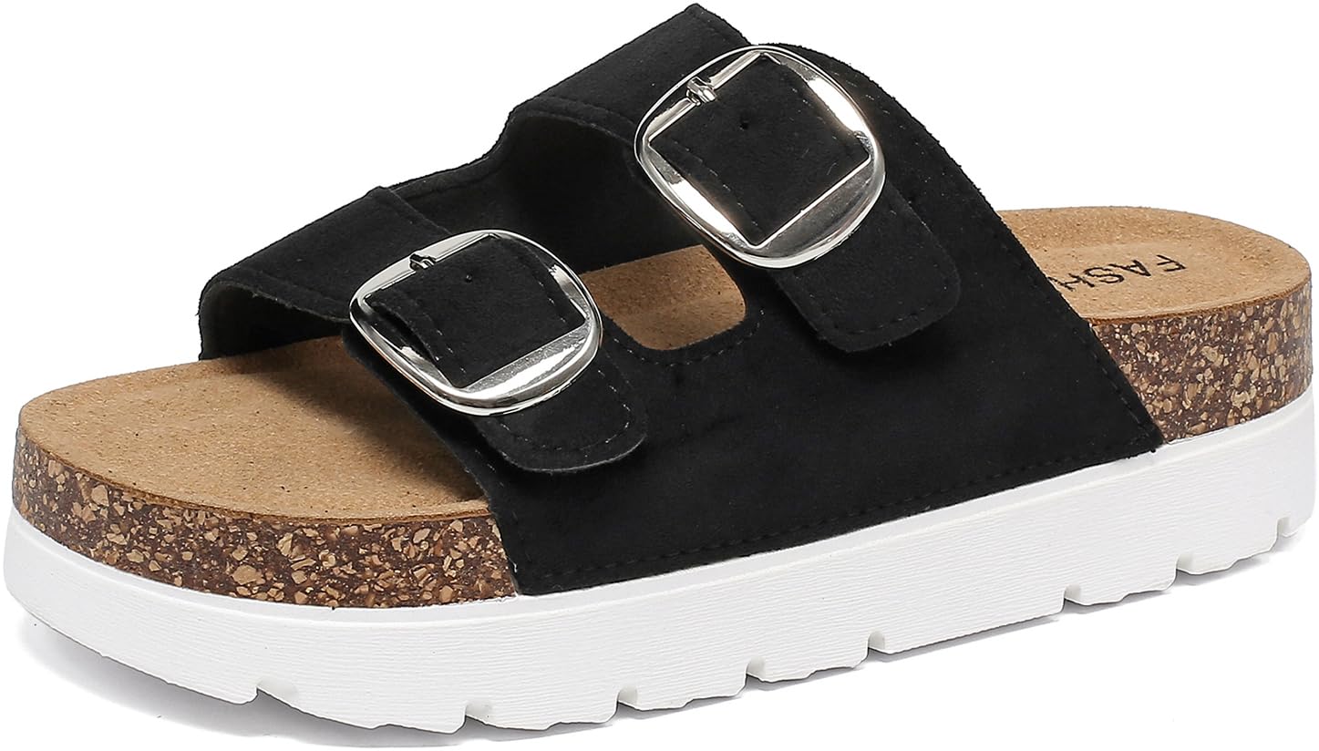 Ciabatte Estive Donna con Tacco Plateau Sandali con Plantare in Sughero Comodi Slide Doppia Fibbia Pelle Scamosciata Antiscivolo Pantofole Gomma Suole Pantofol Estiv