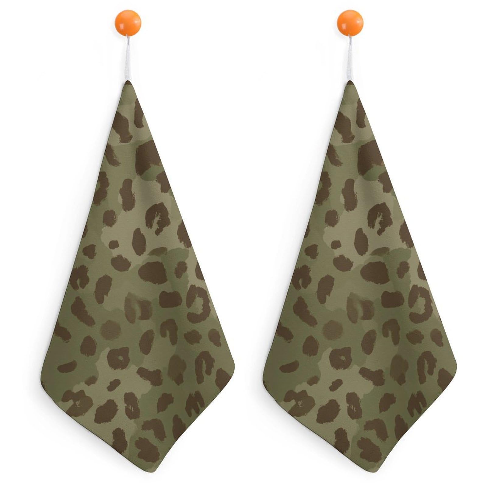 Jubonexis Olive Green And Brown Leopard Print Small Hand Towel with Hanging Loop 2 PCS Absorbent Soft Wash Cloth for Kitchen Bathroom
