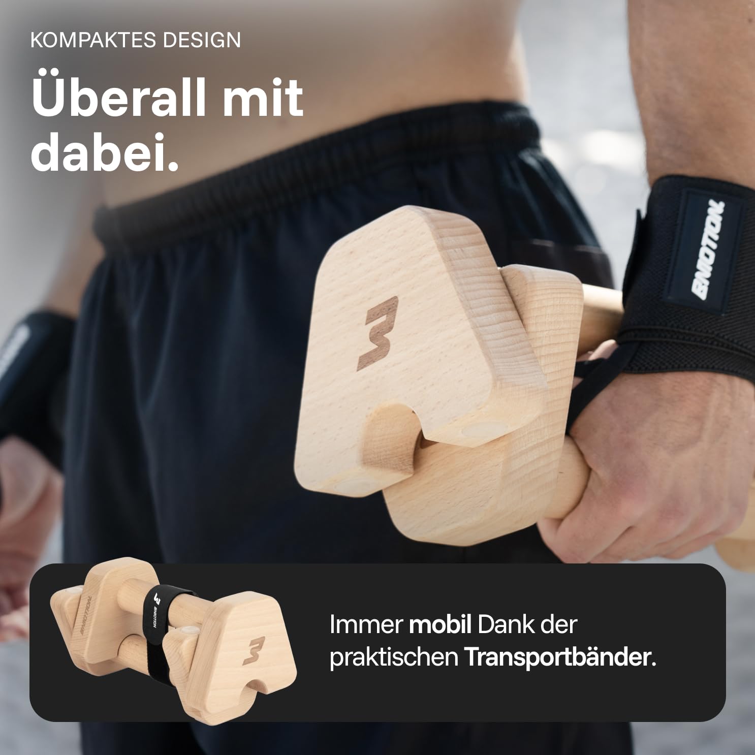 BMOTION Liegestützgriffe Holz, Parallettes Calisthenics aus Buchenholz, rutschfeste Push Up Bars und Handstand Griffe, gelenkschonend bis 300 kg, inkl. Transportband, Indoor und Outdoor