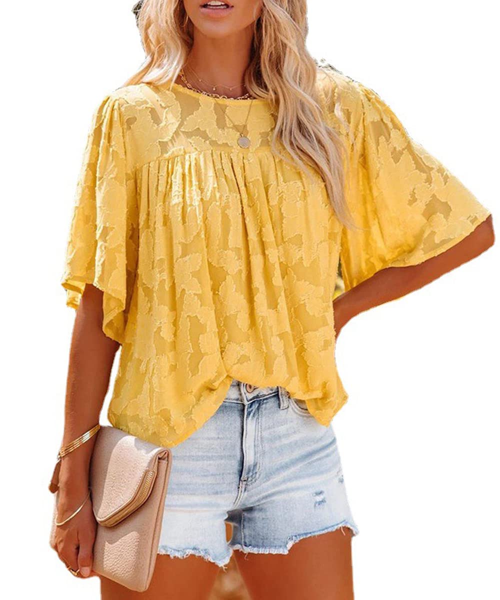 MOPOOGOSS Women's Chiffon Blouse Short Sleeve Solid Color Casual Textured Jacquard Babydoll Shirts Tops