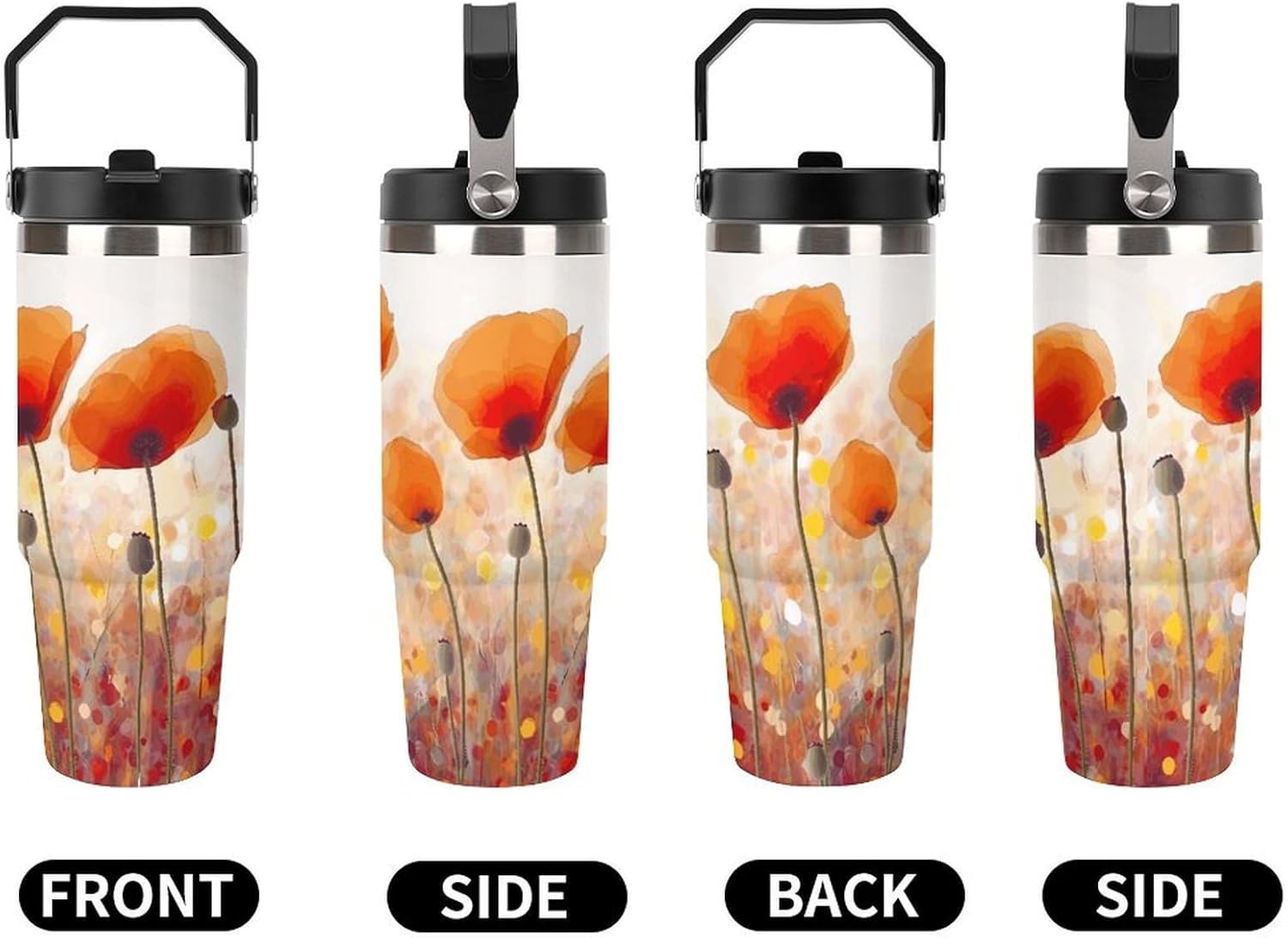 30oz Insulated Tumblers with Top Handle, Stainless Steel Red Poppy Flowers Car Cup with Straw for Gift, Leak-Proof Double Wall Vacuum Travel Mug, Personalized Water Bottles Black