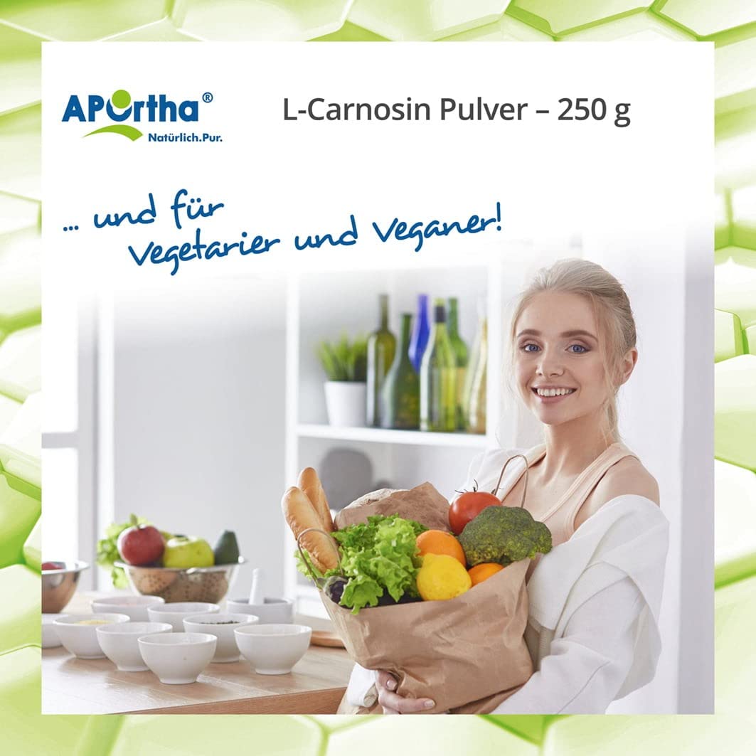 APOrtha® L-Carnosin, 250 g Pulver vegan aus 100% reinem L-Carnosin | Hochdosiert mit 500 mg L-Carnosin je Tagesverzehr, 250g Pulver für 500 Tage, vegan, glutenfrei, allergenfrei