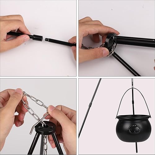 Miniatura 4 de Caldero de brujas de Halloween, caldero de brujas de plástico negro en trípode con luz LED verde, decoración colgante de Halloween Hocus Pocus,