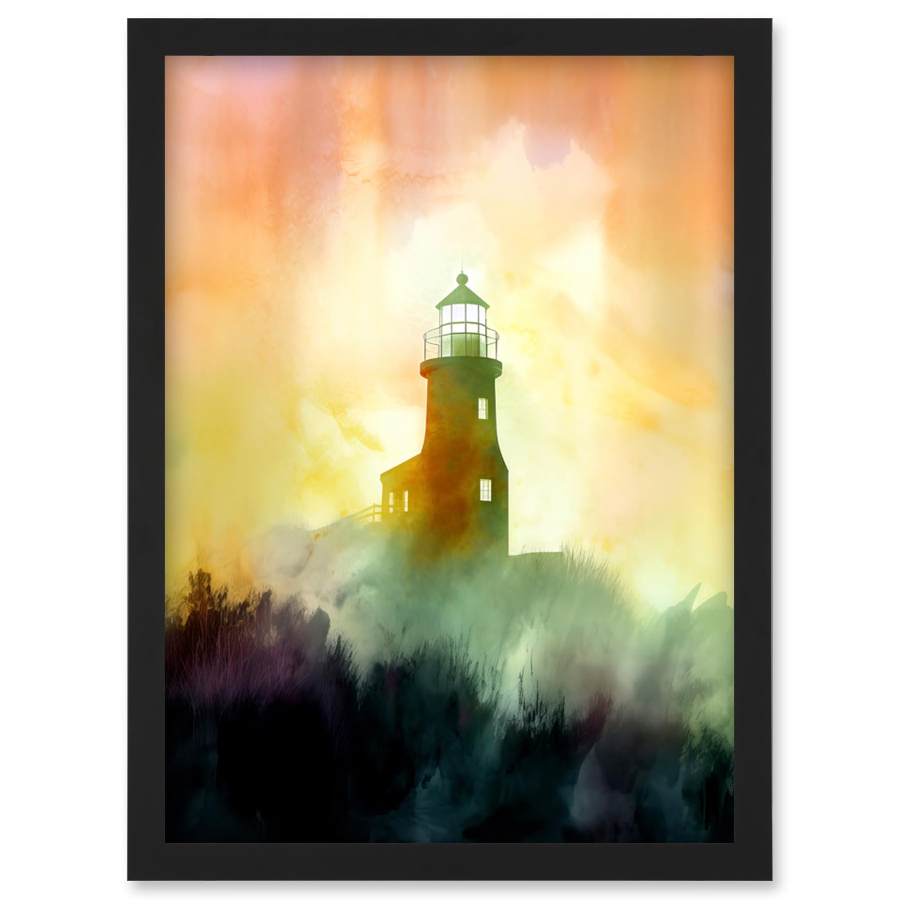 Artery8 Lighthouse in the Fog Watercolour Painting Soft Atmospheric Light Coastal Landscape Artwork Framed Wall Art Print A4