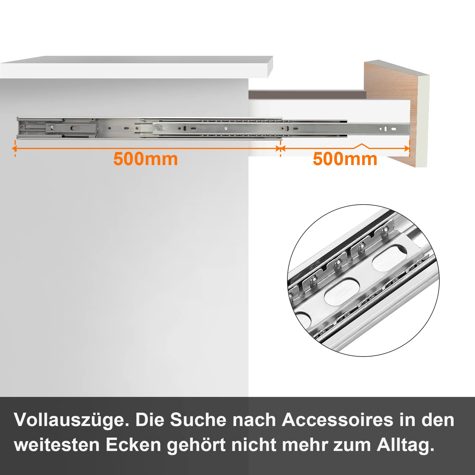 Daromigo Szyny do szuflad, pełne wysuwanie 650 mm, system szynowy z łożyskami kulkowymi, nośność 45 kg, łatwy montaż, 8 sztuk (4 pary)