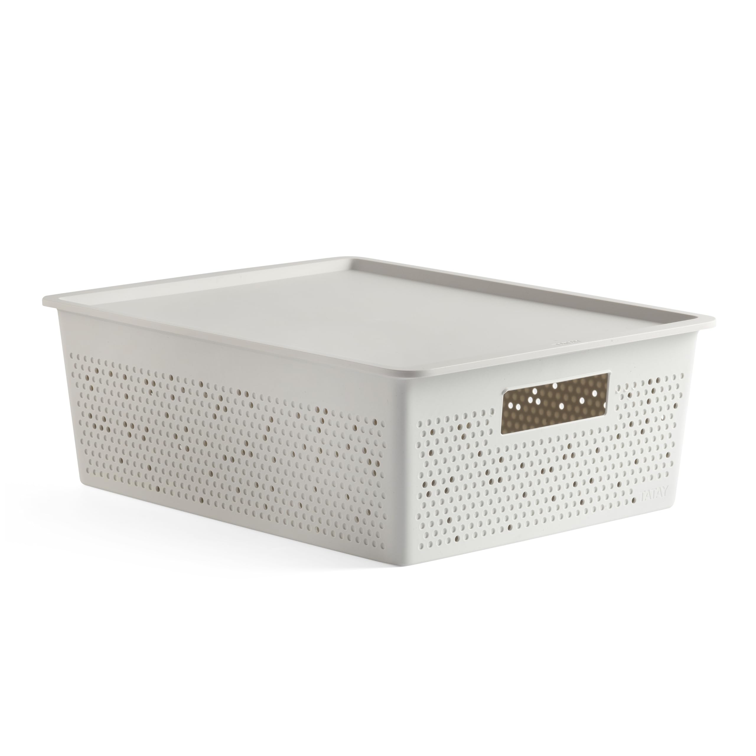 TATAY Plastic Storage Basket 12L Bohol | Organiser Box with Lid | Optimal Ventilation | Stackable Modular System | Integrated Handles | BPA-Free Recycled Plastic | 30x39x13.5 cm, White