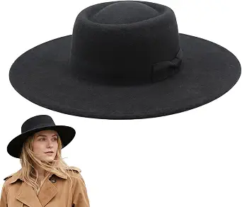 Vintage Wide Brim Flat-Top Fedora Hat - Panama, Porkpie, Boater, Church, Derby, Jazz Hat with Bow Belt (Black)