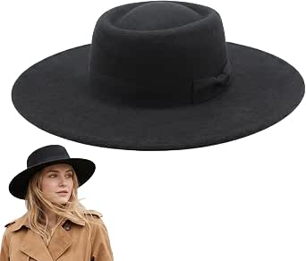 Vintage Wide Brim Flat-Top Fedora Hat - Panama, Porkpie, Boater, Church, Derby, Jazz Hat with Bow Belt (Black)